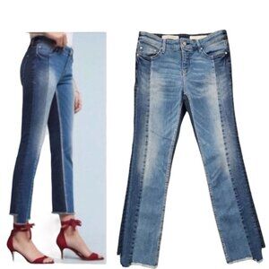 Anthropologie Pilcro Parallel Straight Leg Two Tone Cut Hem Jeans Patch Boho 30